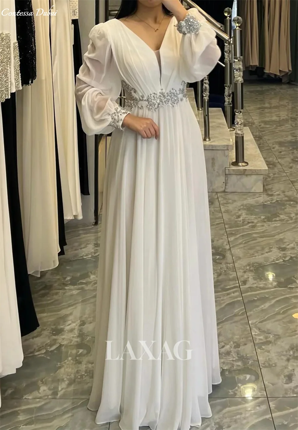 

Белое платье для выпускного вечера Contessa на заказ, драпированная шифоновая юбка, халаты с вырезом на талии, вечернее платье длиной до пола с длинными рукавами, вечернее платье