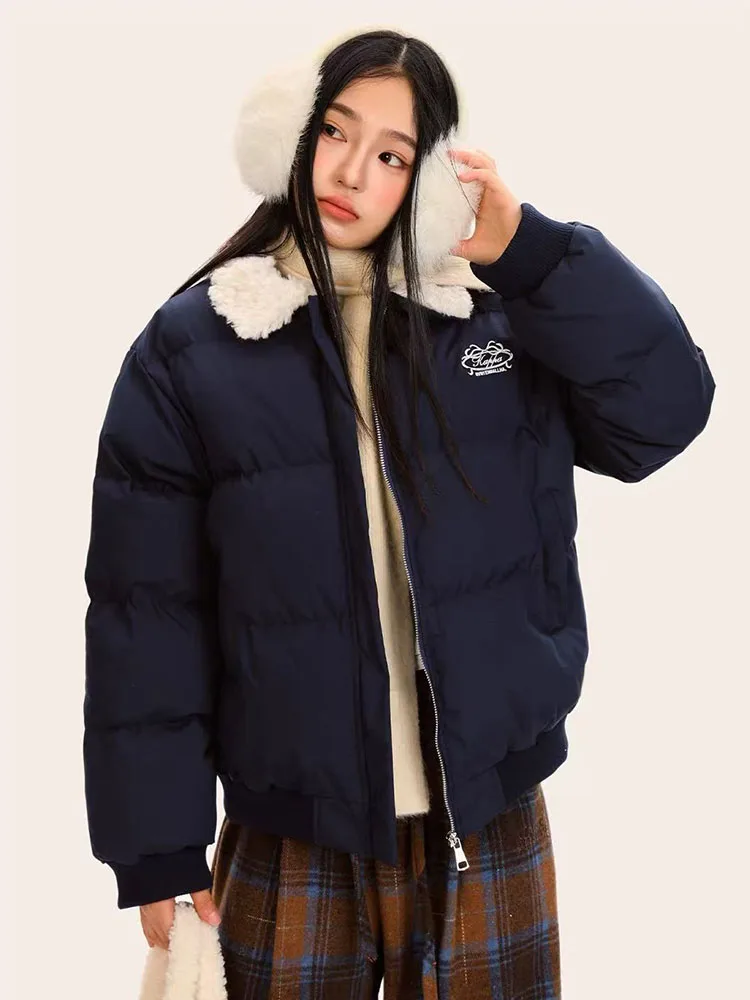 Winter Women Warm Parkas Fashion Fur Patchwork Puffy Coats Y2K Korean Loose Preppy All Match Lapel Down Outwear Mujer