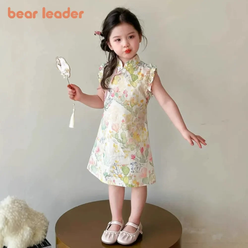 Bear Leader Children's Summer Chinese Style Cheongsam Dress Fashion New Flower Printed Sleeveless Sweet Princess Girls' Dresses
