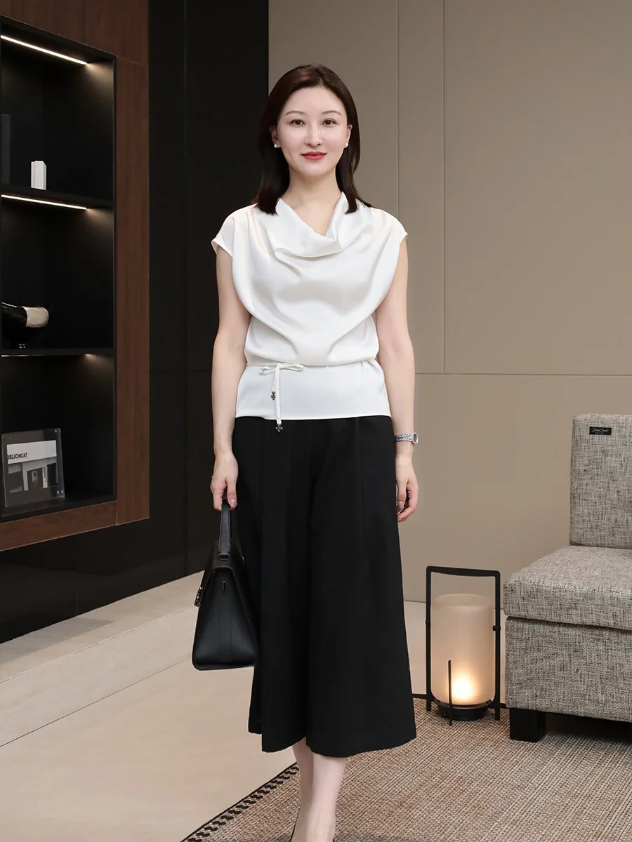 

Elegant Acetate Satin Half Sleeve Shirt Chicat Gentle Lazy Flowing Design High Neck Women's Commute Style Breathable Skin-Fri...