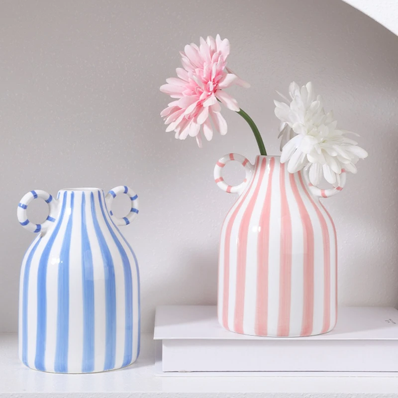 

Nordic Ins striped double ear ceramic vase, hydroponic flower arrangement vase, Nordic style home decoration, wedding decoration