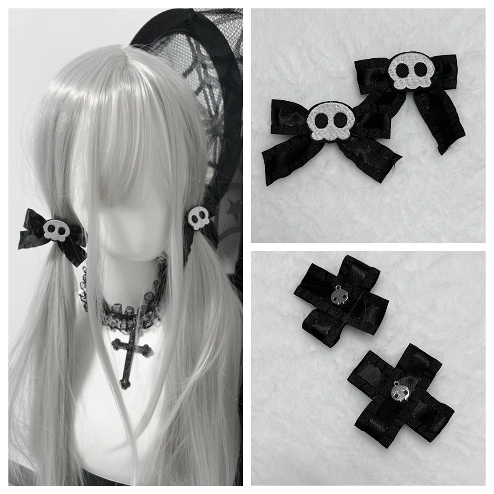 

Gothic Dark Skull Bow Hair Clips for Girls Dark Style Cross Hair Pin Halloween Subculture Spicy Lolita Y2k Hair Accessories