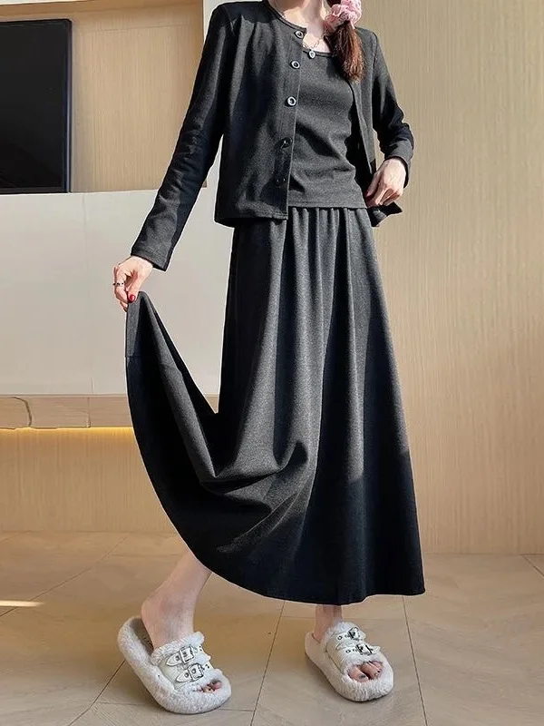 Fall 2026 Women's Knitted Open Cardigan Strap High Waist Skirt Three Piece Set Korean Style Casual Fashion Warmth Full of Per...