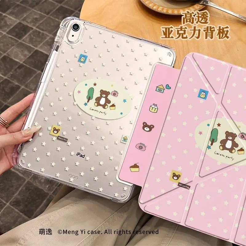 Pink Little Bear Star iPad Case For iPad Pro 11 13in 2025 iPad Pro 12.9in Air7 10th 11th M4 M5 Y-Shaped Folding Protective Cover