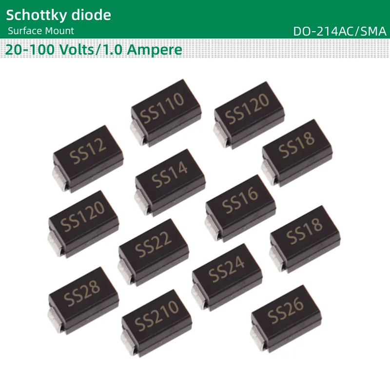 50pcs/lot Schottky diode DO-214AC/SMA package SS12 SS13 SS14 SS15 SS16 SS18 SS19 SS110 Surface Mount 20-100 Volts 1.0 Ampere