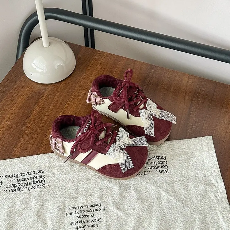 Girls' Retro Bow Low Top Casual Single Shoes 2026 Autumn New Children's Fashion Versatile Comfortable Anti Slip Lace Up Sneakers