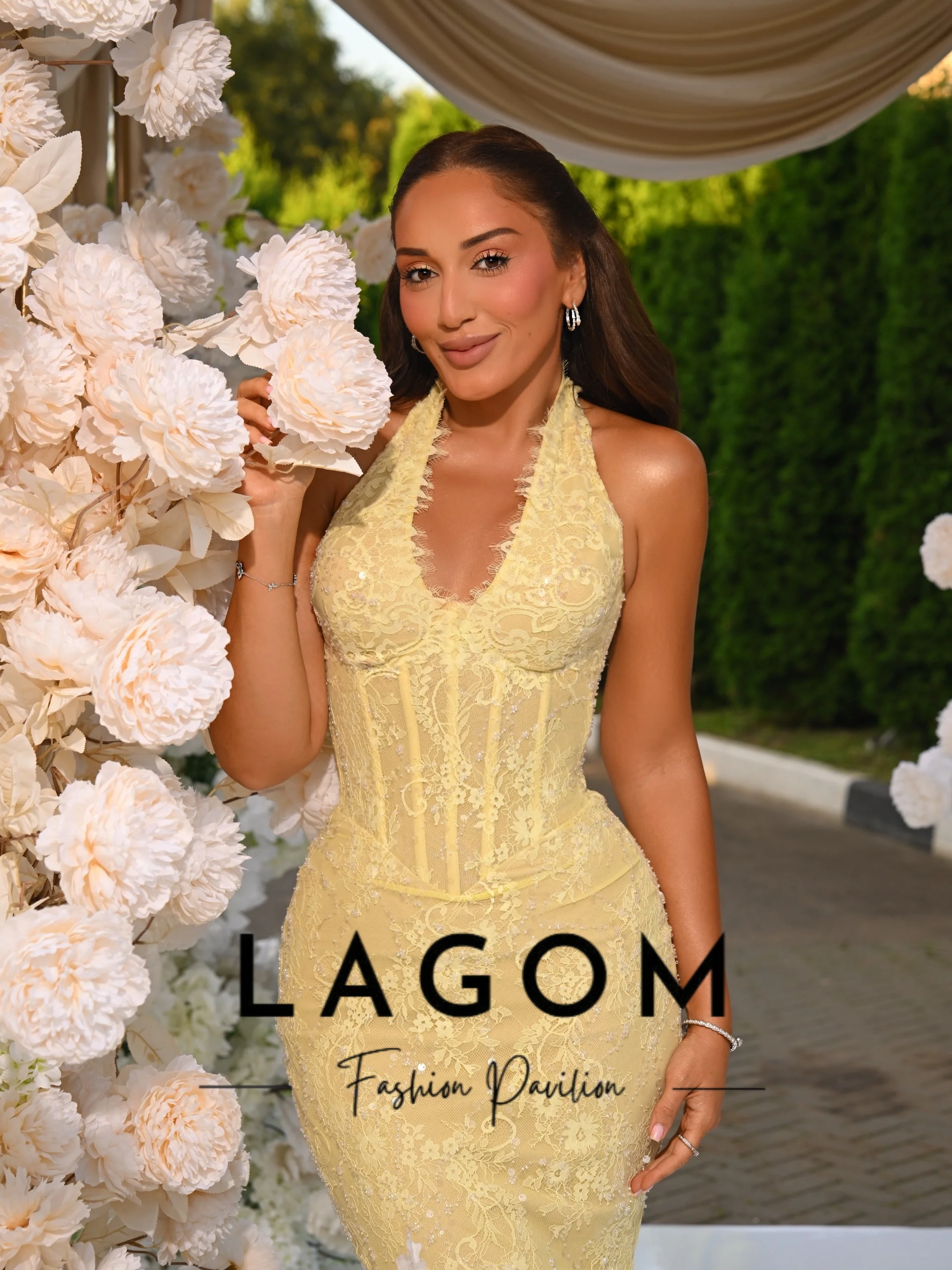 Lagom Exquisite Customized Yellow Halter Mermaid Evening Gown Drss Beaded Lace Corset Bodice Small Train Elegant شارون سعيد New