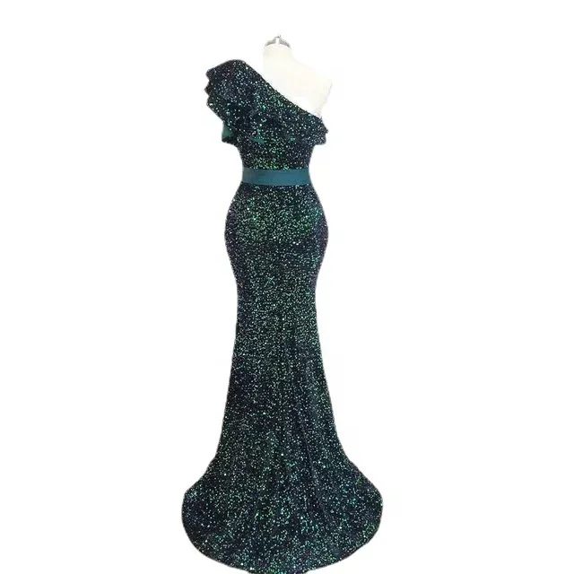 Manufacturer Women Emerald Green One Shoulder Evening Dress Fashion Ruffles Sleeve Sequined Mermaid Gown Custom Black Purple Red