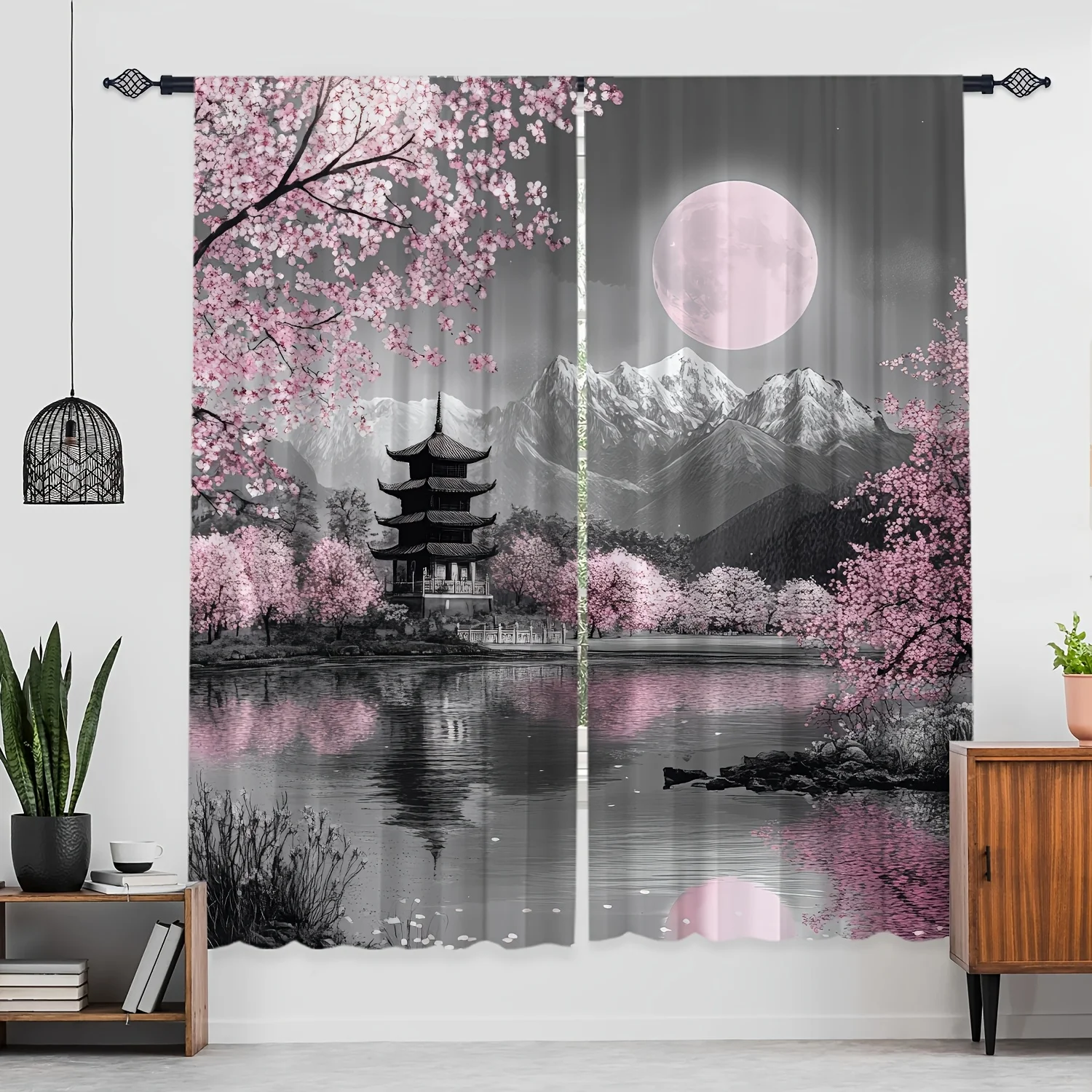 2PC Modern Sakura Curtains – Polyester, Japanese Elegant Design, Easy Install for Living Room, Kitchen, Bedroom – Home Decor