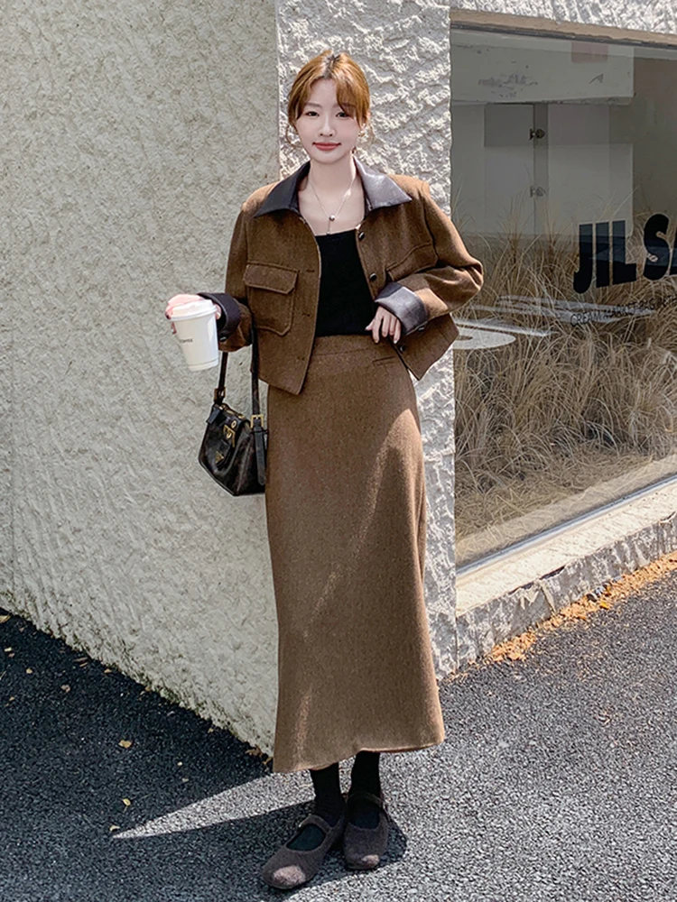 

2025 Autumn Winter New Style Women's Half Skirt Set Two Pieces High Waist Long Sleeve Fashion Sensation Korean Loose Fit Casual