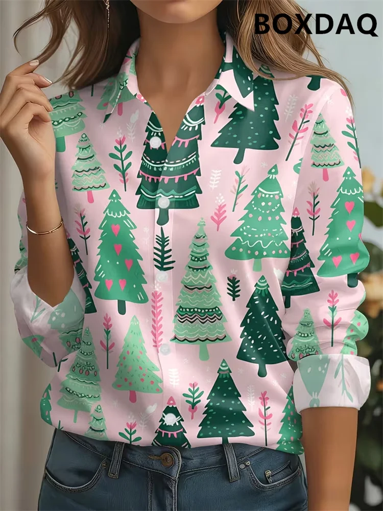 2027 Long Sleeved Lapel Button Women's Blouse Loose And Comfortable Christmas Themed Sled Pattern Printed Autumn/Winter Shirts