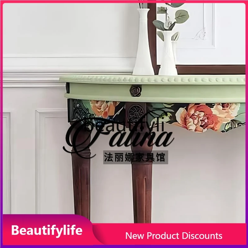 

B6 Solid Wood Semi-Circular Entryway Table Against Wall Retro Directly Opposite Door Extremely Narrow Hand-Painted Desk