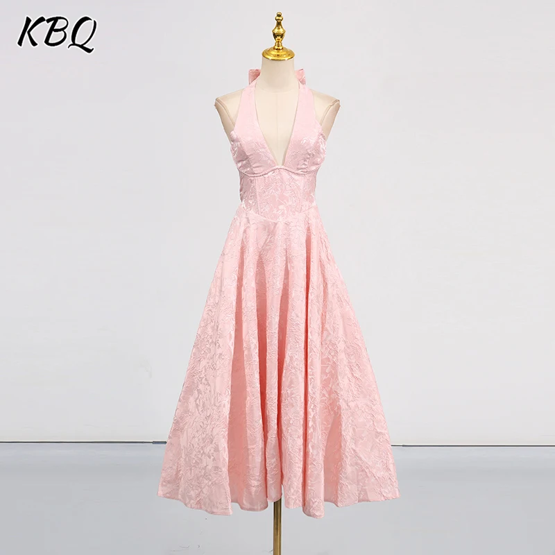 

KBQ Sexy Solid Slimming Evening Dresses for Women Halter Sleeveless Backless Patchwork Jacquard Vocation A Line Dress Female