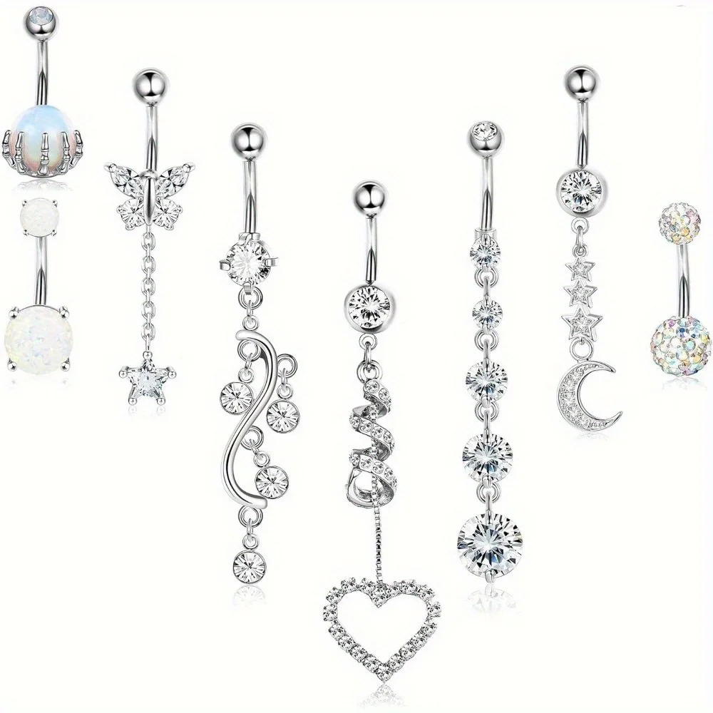 Diamday 1Pcs 316L Stainless Steel 14G Dangle Belly Button Rings Heart CZ Belly Rings Dangle Navel Barbell Body Piercing Jewelry