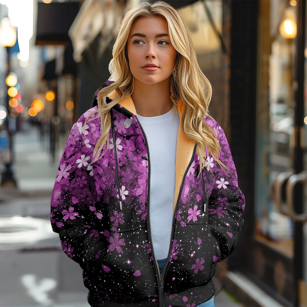 Women's Cotton Jacket,Female Solid Loose Puffer Hooded,Thick Coat for Autumn and Winter Small Fresh Flower Printing Jacket