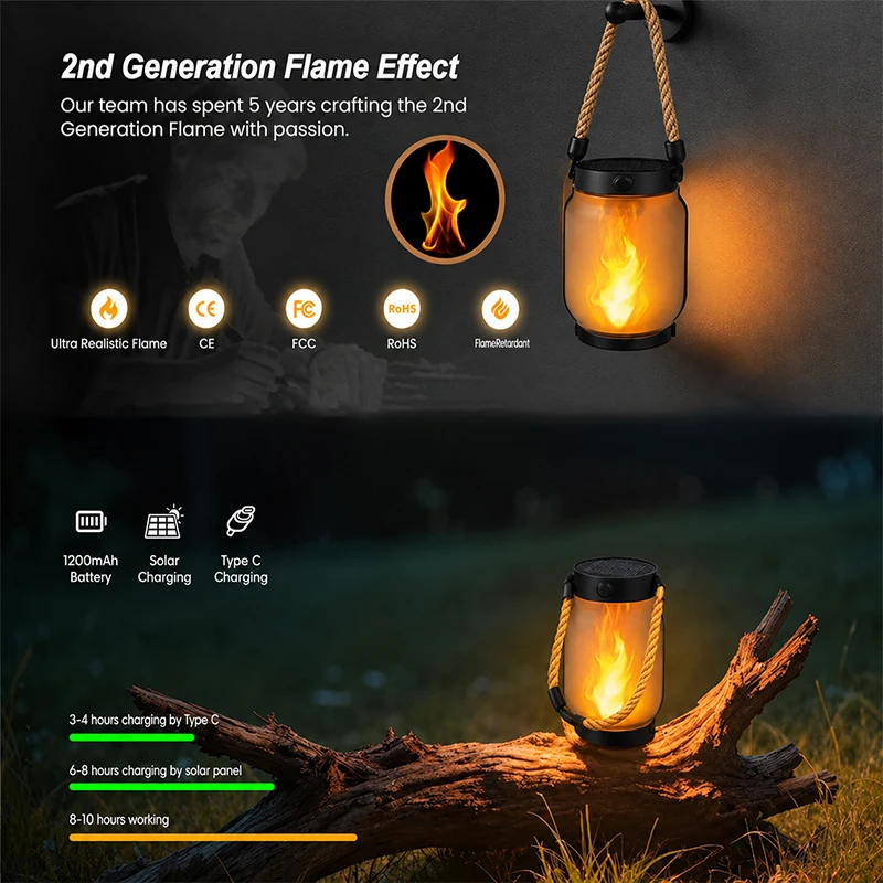 Solar Flame Lantern Hanging Lamp Type-C Fast Charging Waterproof LED Light 3D Flickering Flame for Garden Patio Camping Decor