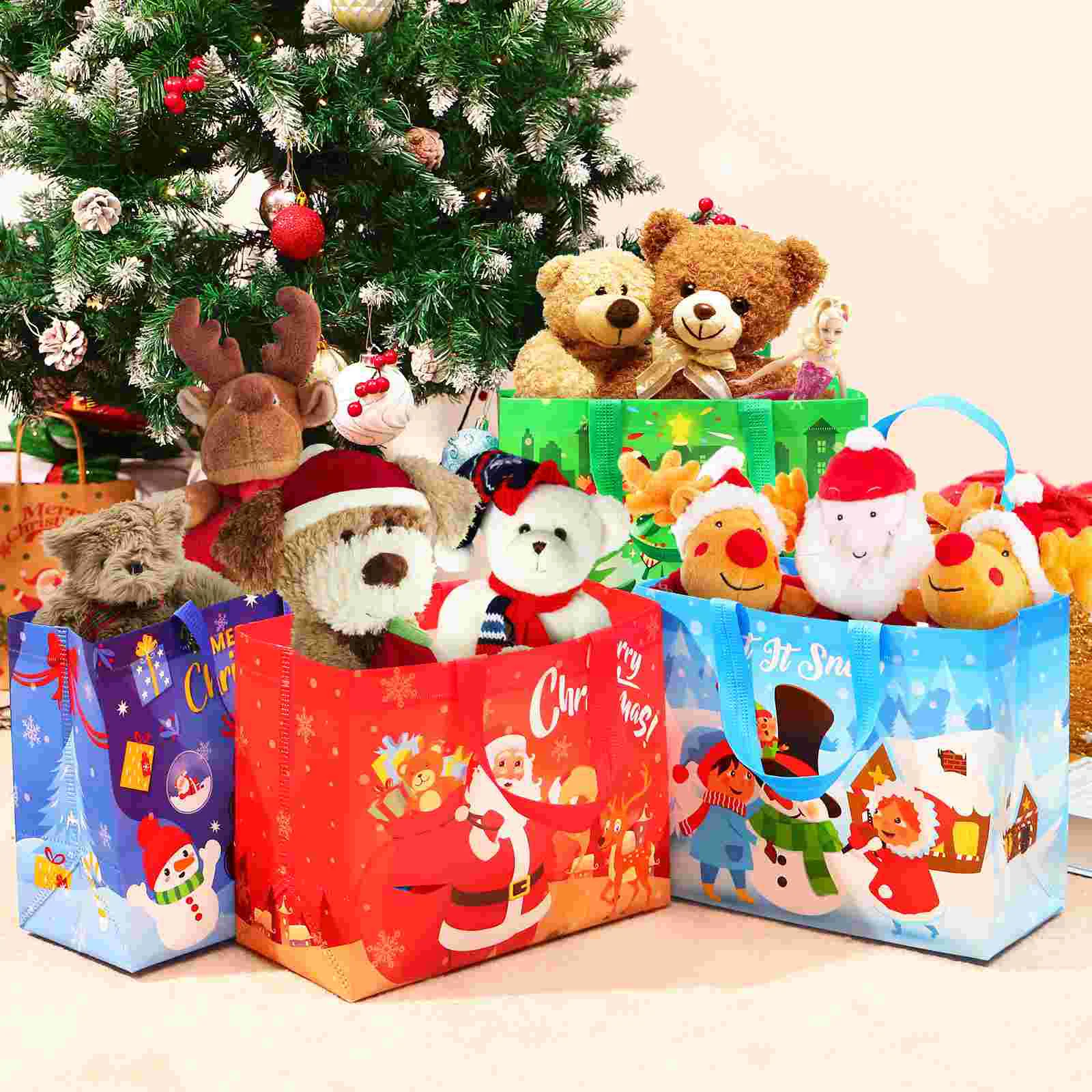 Hemoton 16pcs Christmas Storage Bags Gift Holder Pouches Treat Bags with Handle Xmas Holiday Goodies Bags Party Favors Supplies