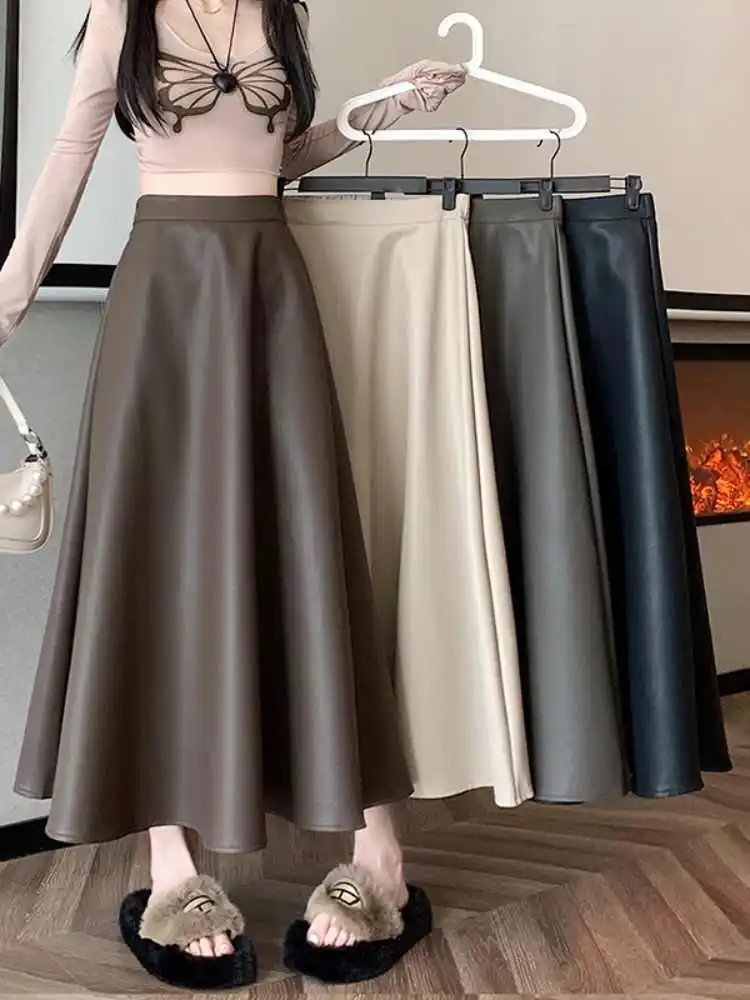 

Женские кожаные юбки трапециевидной формы, осенне-зимняя универсальная длинная юбка с эластичной резинкой на талии, элегантные однотонные женские юбки из искусственной кожи