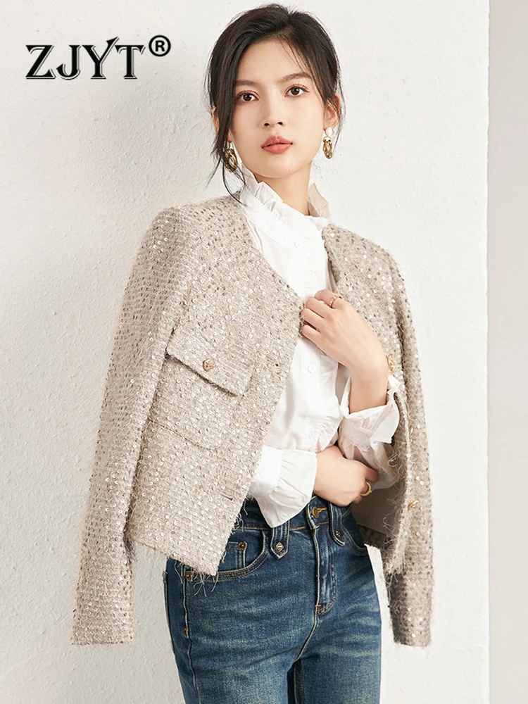 

ZJYT Autumn Sequined Tweed Woolen Jacket for Women Ropa De Mujer 2023 Office Single Breasted Coat Short Outerwear Veste Femme