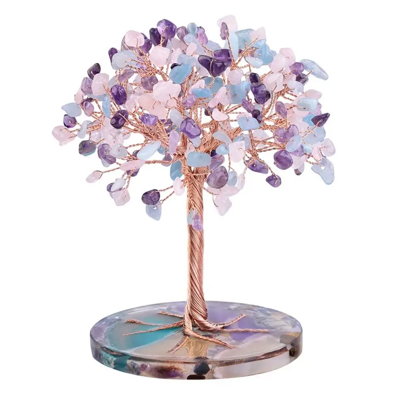 A76I-7 Chakra Healing Crystals Tree Leaf Wire Wrapped On Natural Agate Slice Base Home Office Desk Living Room Decoration A Dura