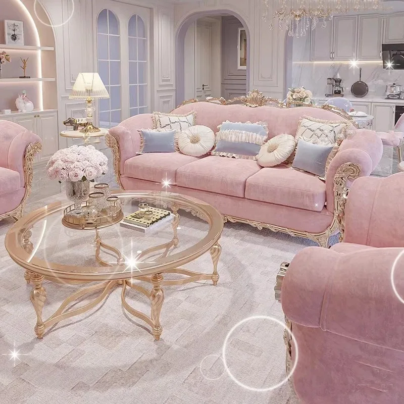 Solid wood carving flower fabric three-person sofa neoclassical court living room furniture