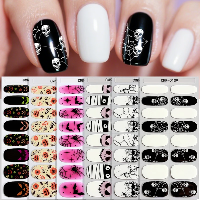

16Tips Halloween Gel Nail Strips Full Cover Luminous Skull Pumpkin Bat Baking-Free Gel Nail Stickers DIY Manicure Decoration