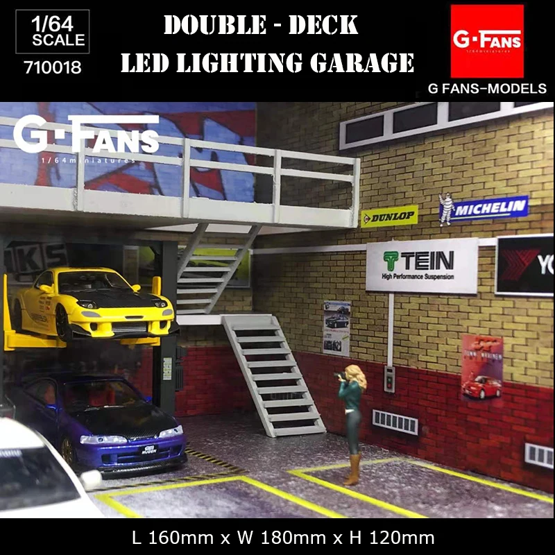 G-Fans 1:64 Assemble Diorama Double-Desk LED Lighting Garage Model Car Parking Lot Display - JDM Version