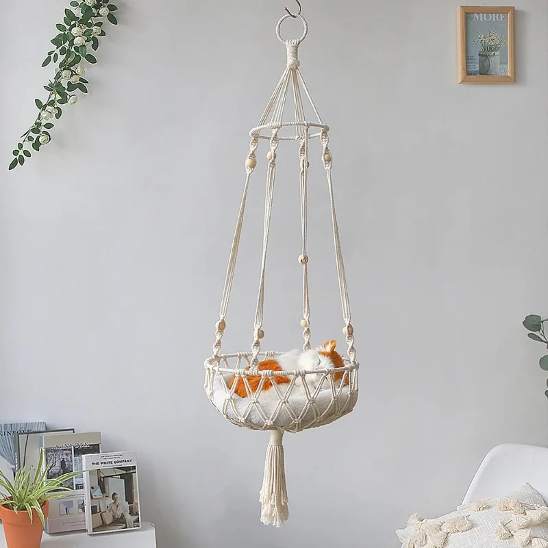 40cm Handmade  cotton rope macrame cat hammock Bohemian woven hanging pet bed swing for cats