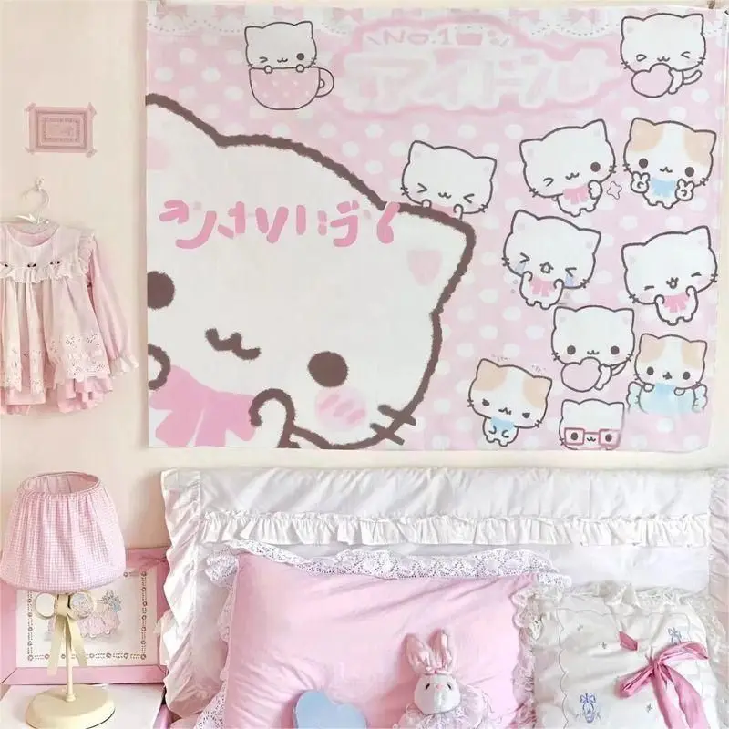 VIKAMA Pink Kawaii Pixel Cat Tapestry Cute Cartoon Kitten Anime Wall Hanging Soft Aesthetic Wall Art for Girl Bedroom Dorm Decor