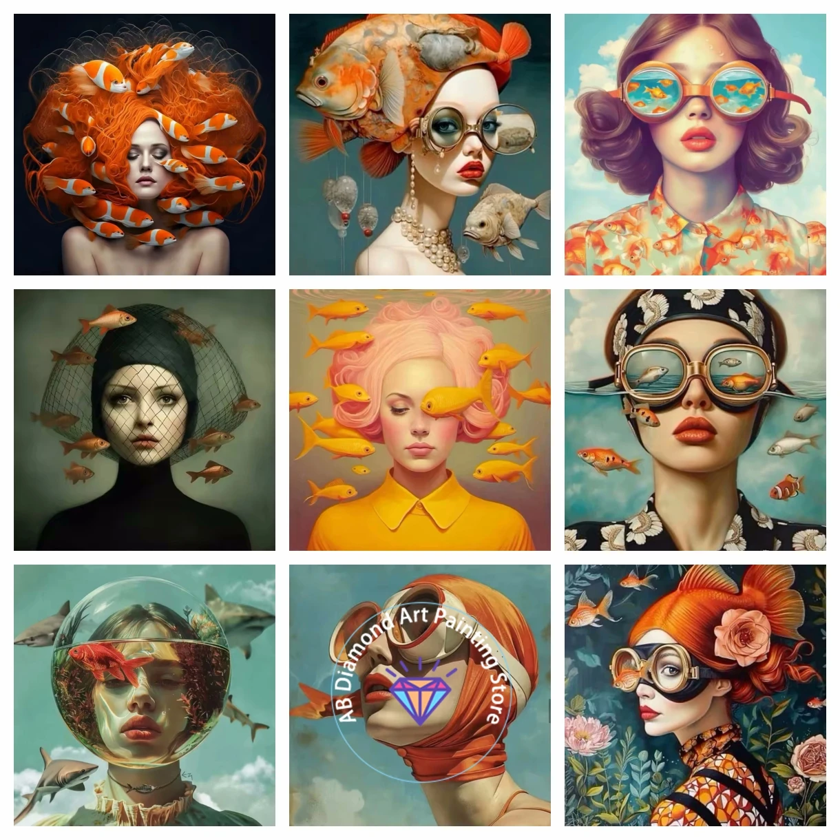 

AB Diamond Painting Kit Art 5D DIY Surrealist Female Portrait Mural Wonderful Fantasy Fish and Girl Living Room Home Decoration
