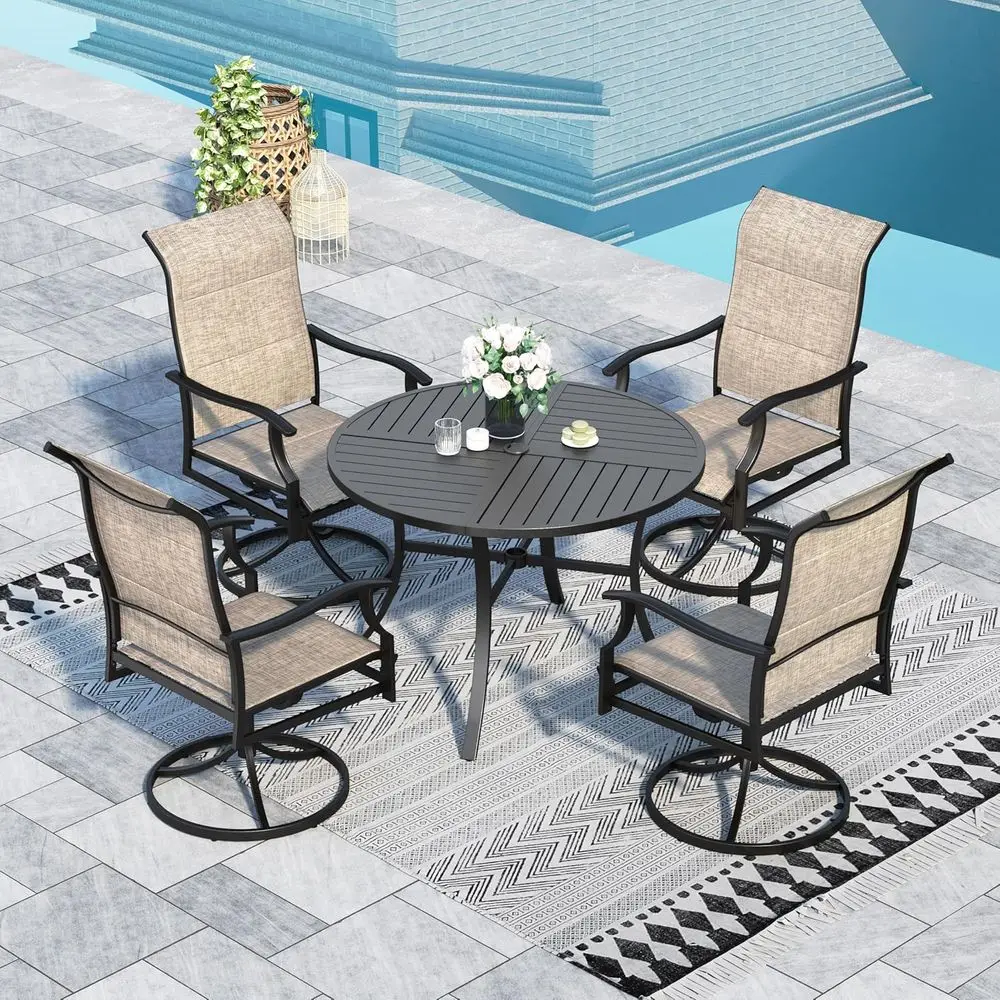 

4-Seat Swivel High Back Outdoor Dining Set with Round Metal Table for Patio, Backyard, or Poolside