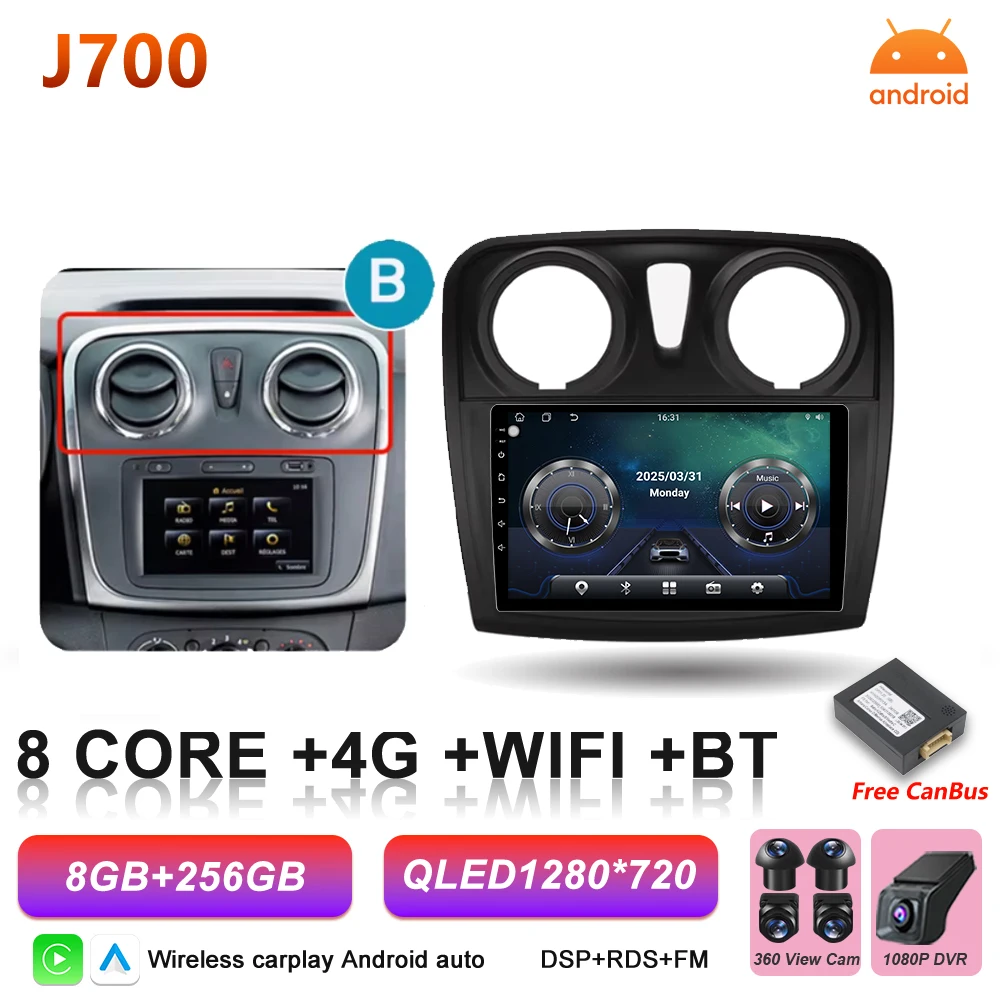 Android 16 Auto Autoradio voor Renault Logan Sandero 2 2012 - 2019 Draadloze Carplay Multimedia Speler GPS Navigatie DSP 5G Wifi