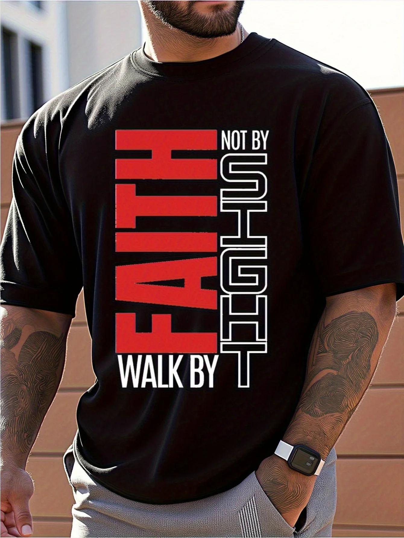 Men's Faith Not By Sight Walk By Faith T-Shirt - Gray with Red/White Lettering - Heavyweight 100% Cotton Loose Fit Casual Tee -