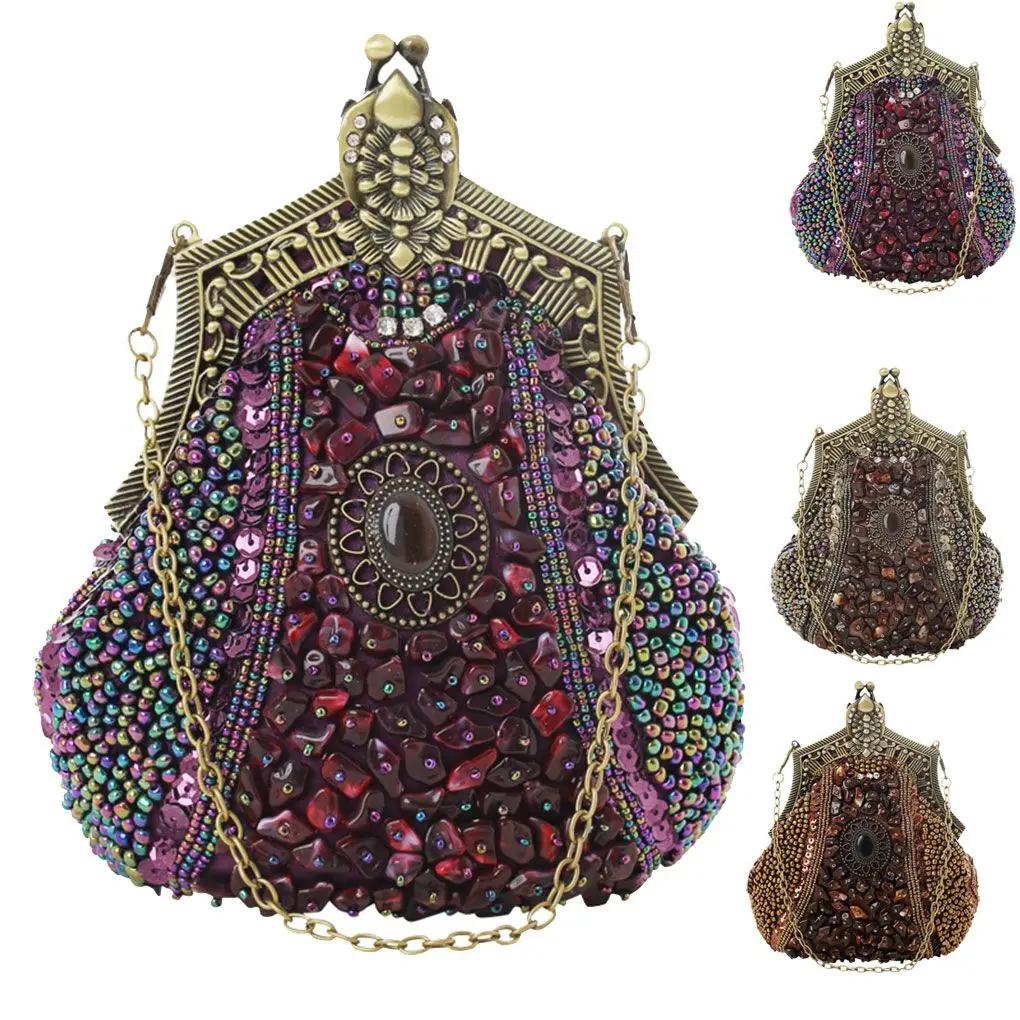 Vintage Sequined Purse Evening Handbag Women Antique Crystal Beaded Embroidery Party Chain Clutch  Wedding Bridal Bag