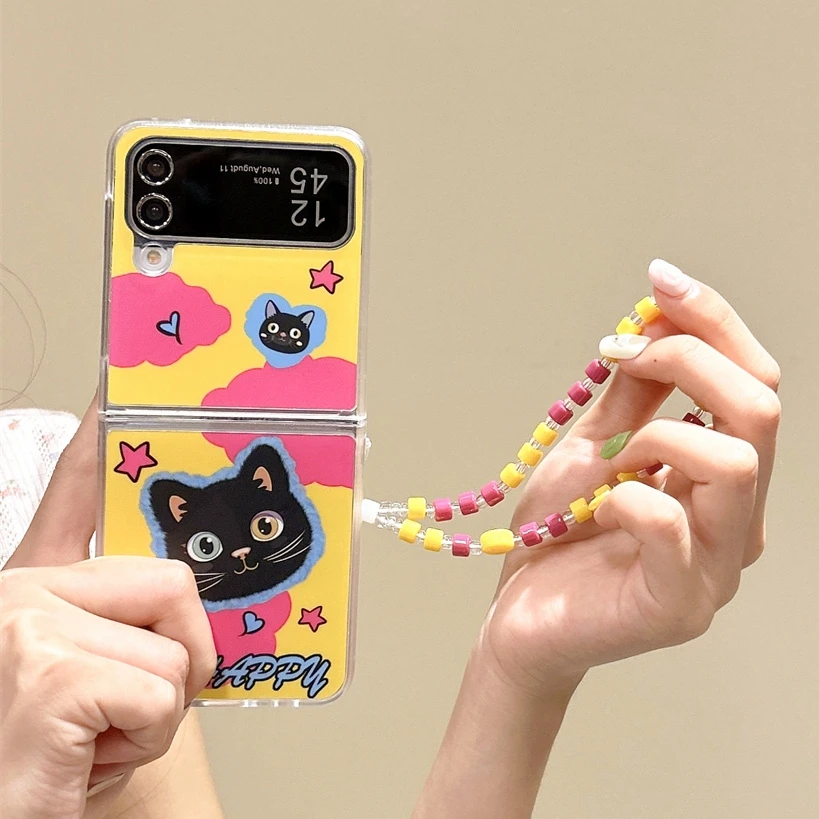 Caso de telefone com corrente para Samsung Galaxy Z Flip, linda pulseira gato dos desenhos animados, capa dobrável, contraste cor, Flip 4, Flip 3, 5, linda