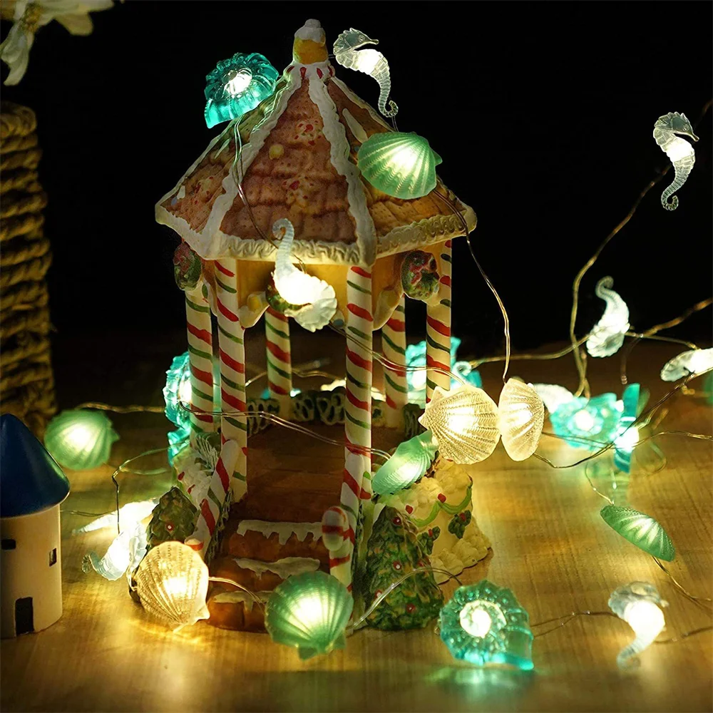 2M 20 LED Ocean Themed String Lights Battery Operated Sand Dollars Seahorse Fairy Light Garland Under The Sea Decor