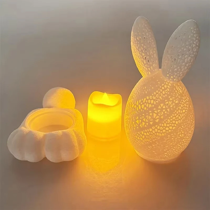 2025 nouvelle impression 3D évider pâques lapinornement, bougeoir plâtre décoration de bureau, Figurines d'oeufs de lapin coupées blanches