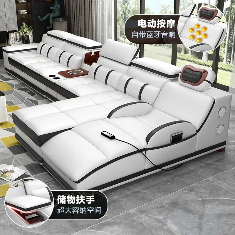 Genuine leather sofa massage seat, cowhide multifunctional living room furniture, leather art storage, sofa combination