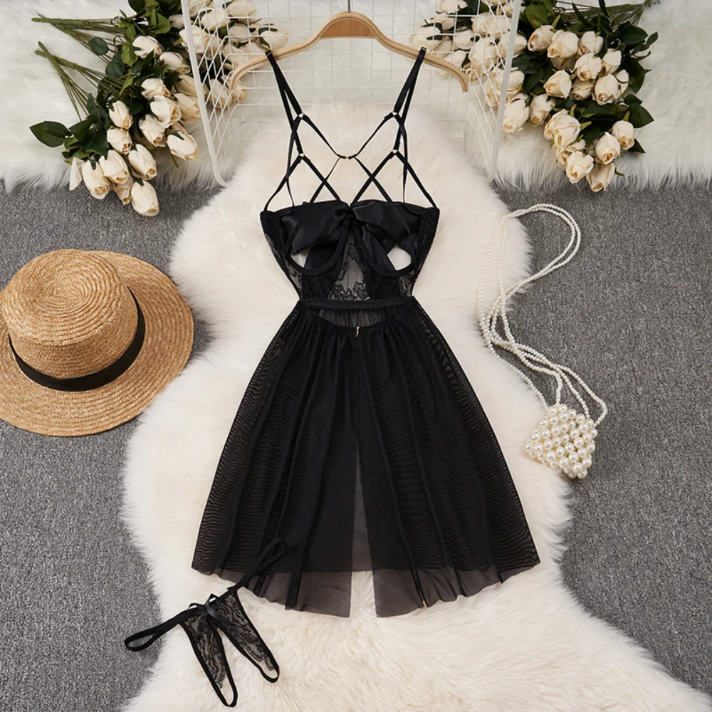 Необычное сетчатое платье на бретелях с бантом и открытой спиной, мини-платье, женское прозрачное спальное платье, нижнее белье с разрезом, ночная рубашка, новая одежда