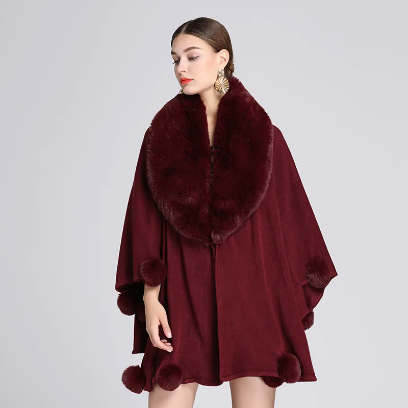 3 Colors Big Pendulum Thick Shawl Overcoat Winter Faux Fur Collar Cardigan Poncho Capes Warm Women Bottom Ball Loose Outer Wear