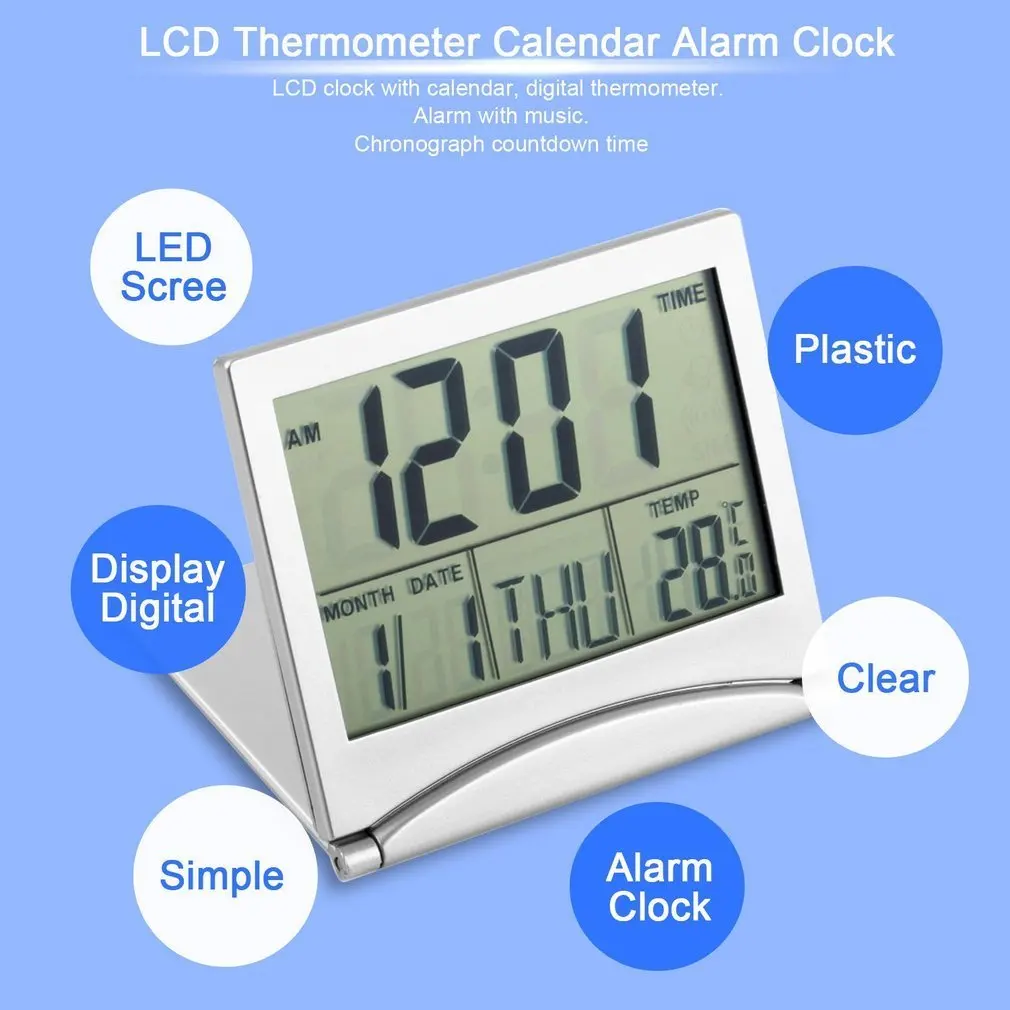 Foldable Digital Alarm Clock, Large Display, With Calendar, Thermometer, Timer LCD Alarm Clock Data Time Desk Clock