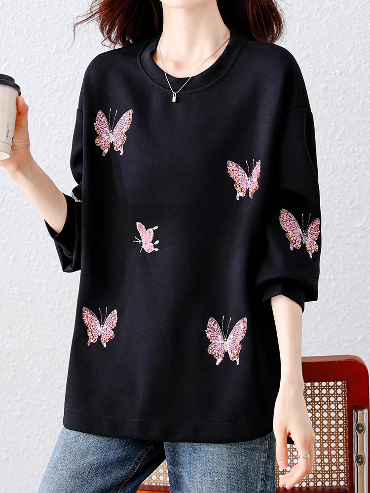 Women Sweatshirts Beaded Long Sleeve O Neck Black Sweatshirts Female 2024 New Fall Winter Pullover Loose Casual Oversized Jumper