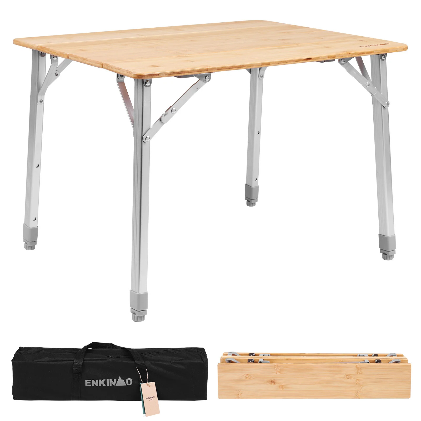 

Adjustable Height Folding Table with Carry Bag Portable Bamboo Roll-up Camping Table 80KG Load for Cooking Picnic Beach Backyard