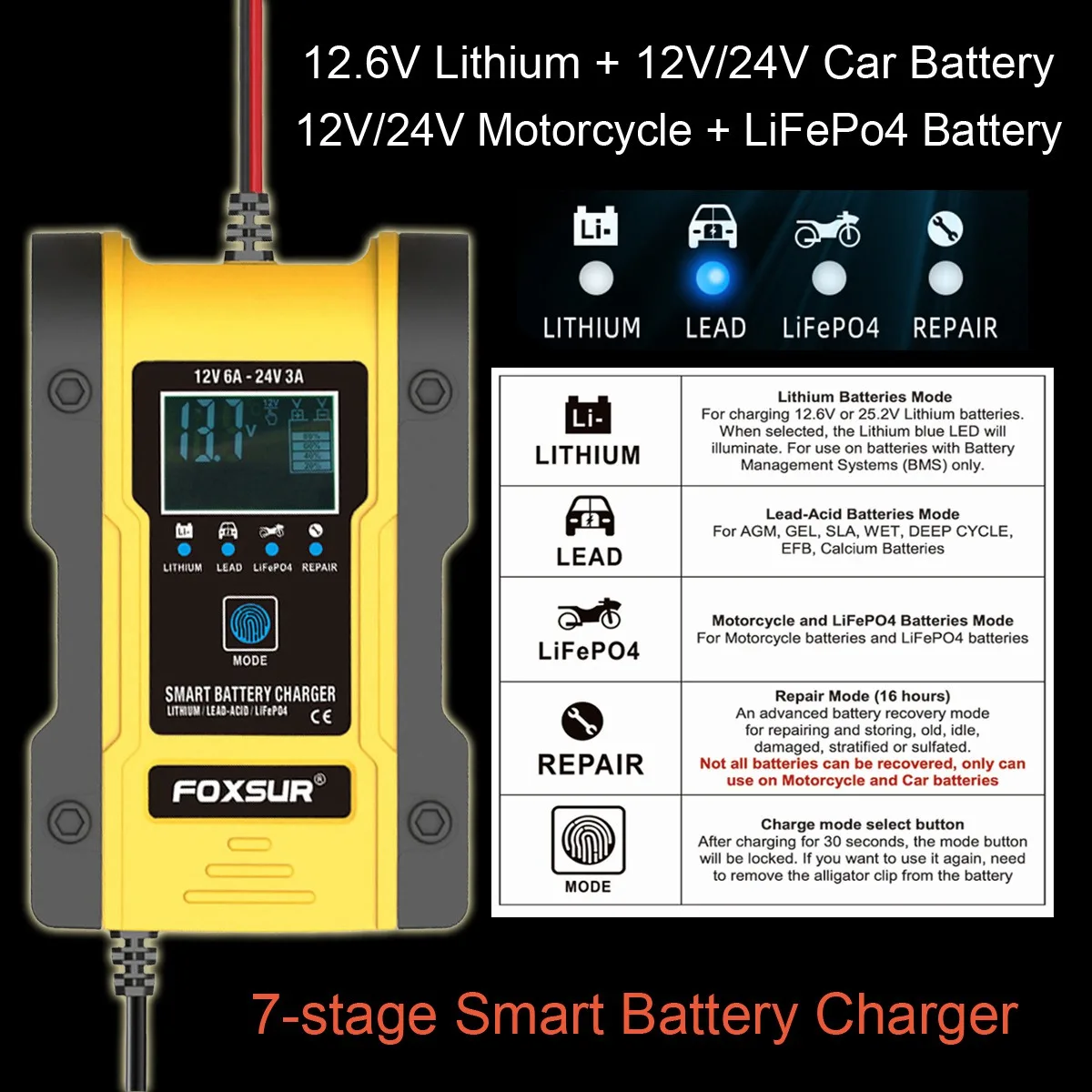 FOXSUR 12V/24V Car Battery Charger 6A 12.6V Lithium Battery Charger Smart Battery Charger for Motorcycle (US Plug)