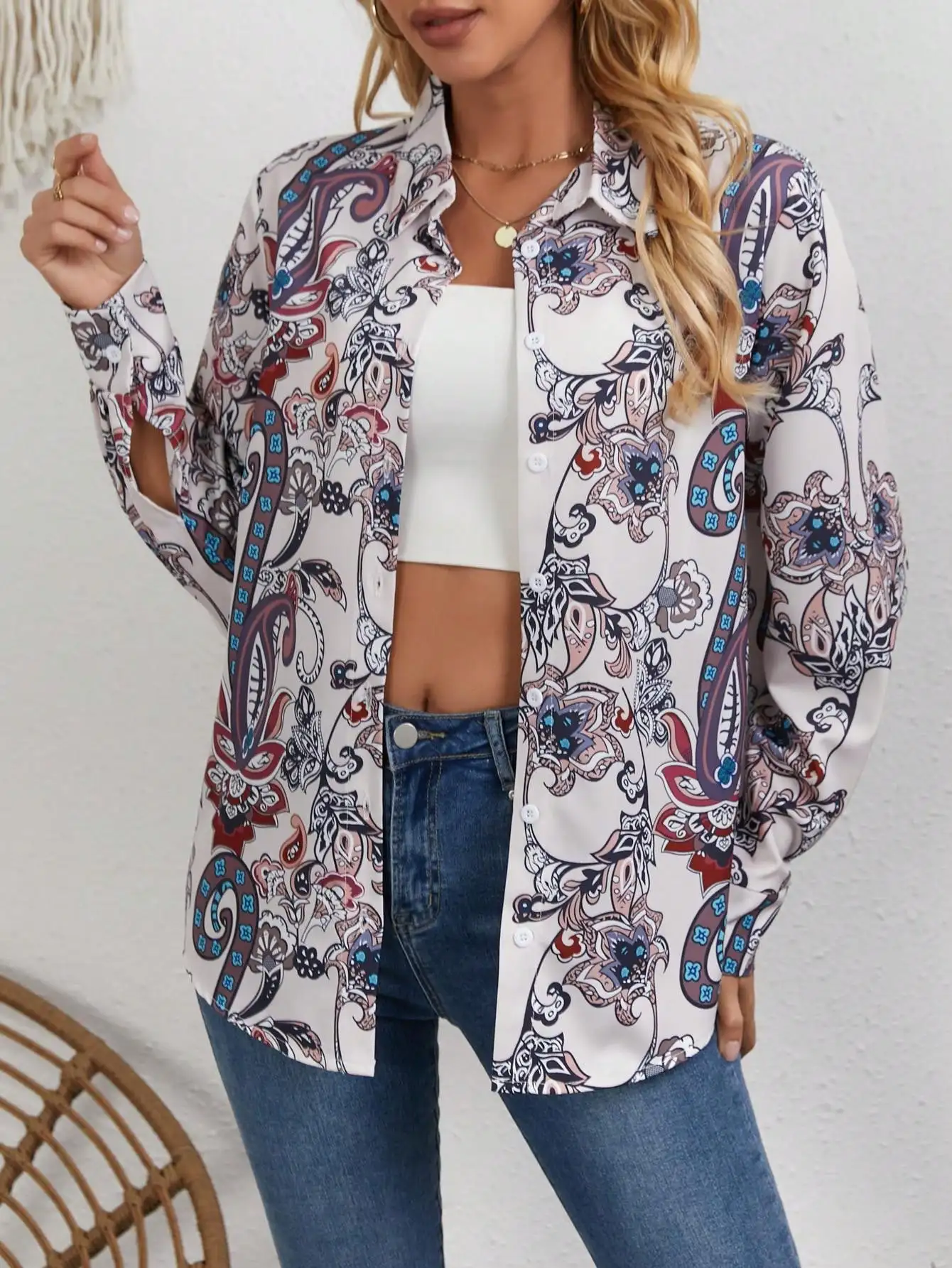 

Tribal-Style Geometric Print Long-Sleeve Shirt — Casual, Loose-Fit Women's Printed Top