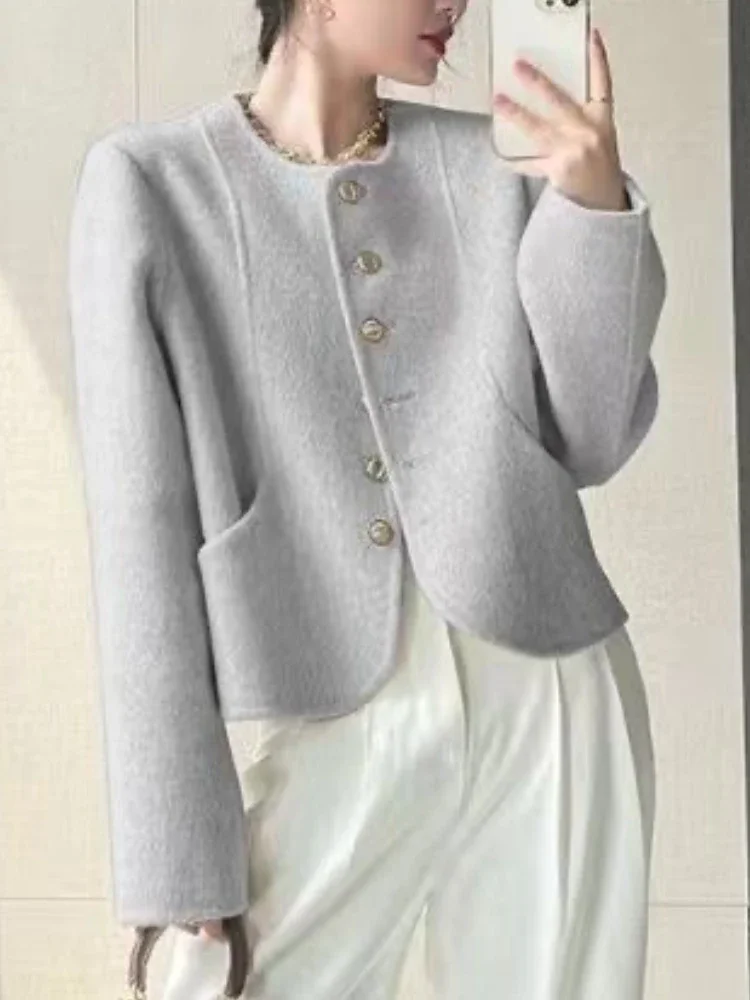 Nowe płaszcze damskie na jesień 2025, moda koreańska, okrągły dekolt, jednorzędowy płaszcz wełniany, elegancki temperament, różowe kurtki dla kobiet.