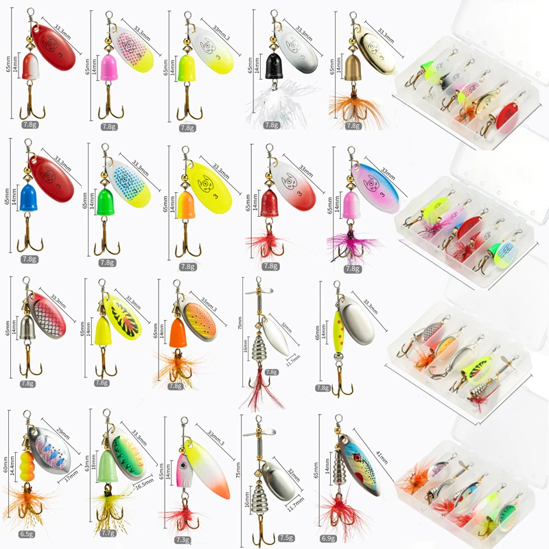 New 5PCS/Box Fishing Lure Sequin Set Spinner Spoon Hard Metal Bait Treble Feather Hook Wobblers Lures Fishing Tackle Accessories