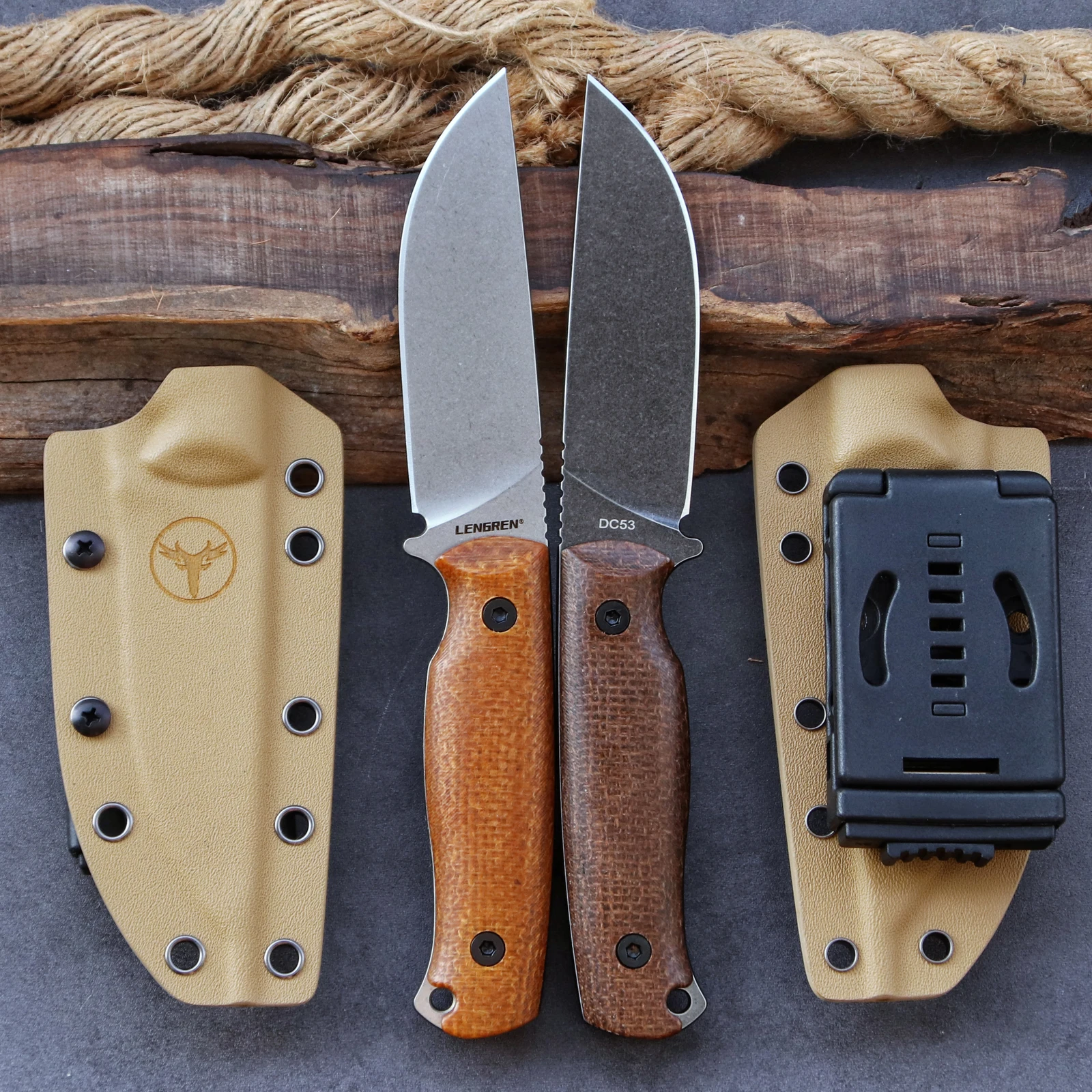 LENGREN SENTRY سكين تكتيكي ثابت خفيف الوزن 8.5 بوصة DC53 فولاذ كامل تانغ، غمد K، مقبض كتان بني للبقاء EDC #3