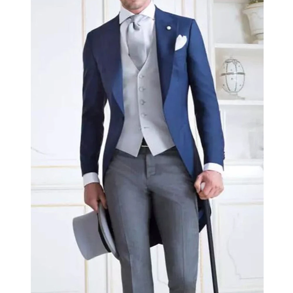 Formal Wedding Groom's Sets Single Breasted 3 Pieces Navy Blue Jacket White Vest Gray Pants Male Clothing Banquet Blazers Sets