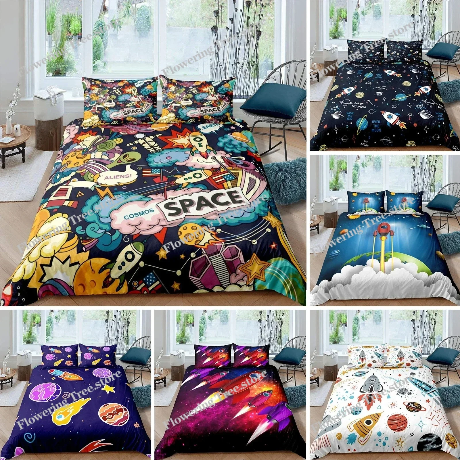 Rocket Duvet Cover Set King Size Spaceship Bedding Set Twin Microfiber Outer Space Galaxy Stars Planet Cartoon Style Quilt Cover